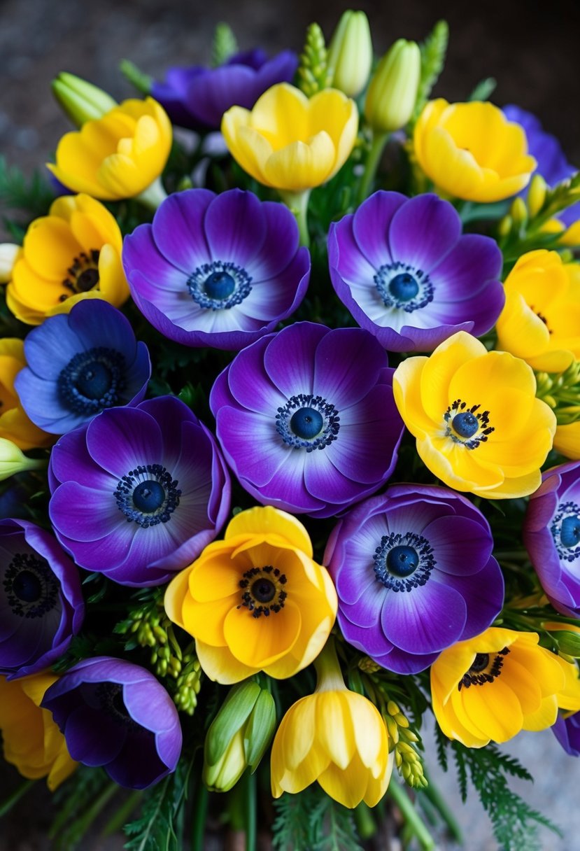 A vibrant bouquet of violet anemones and yellow freesia arranged in a cascading design