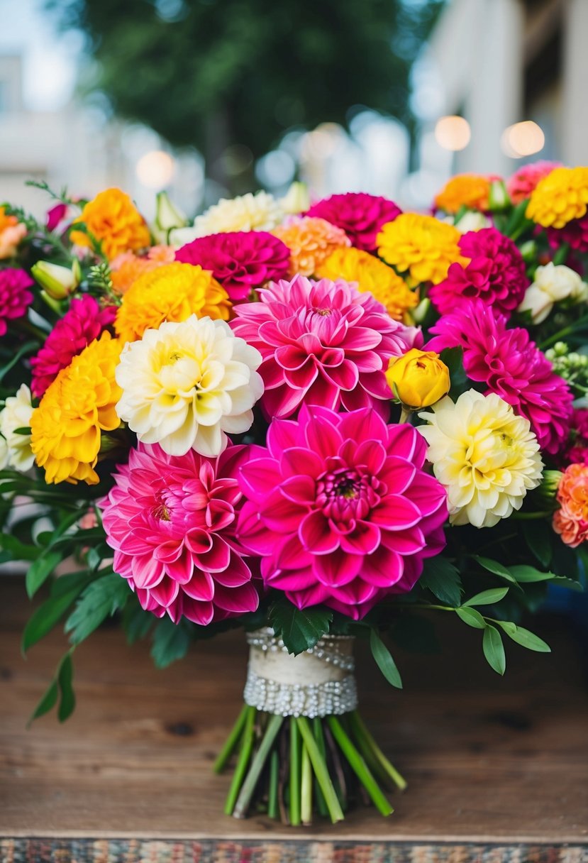 A vibrant bouquet of dahlias and carnations in a traditional Mexican wedding style