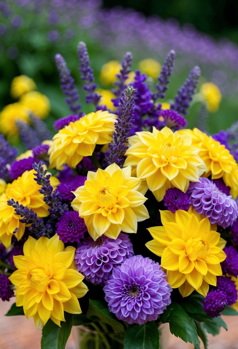 A vibrant bouquet of yellow dahlias and lavender, accented with purple blooms