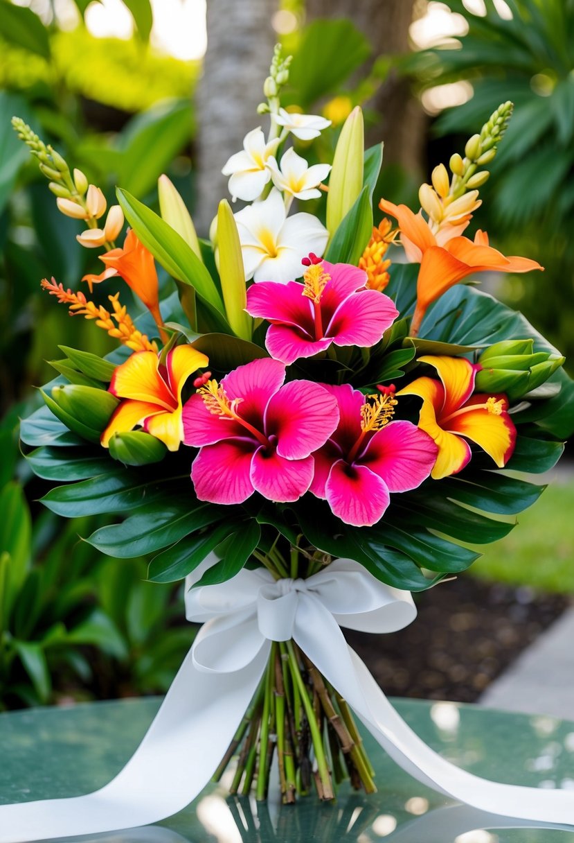 A vibrant bouquet of tropical flowers, including hibiscus, orchids, and plumeria, arranged with lush greenery and tied with a flowing ribbon