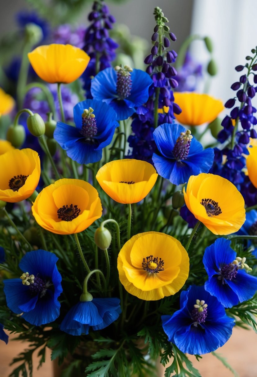 A vibrant bouquet of golden poppies and indigo delphiniums, bursting with color and elegance