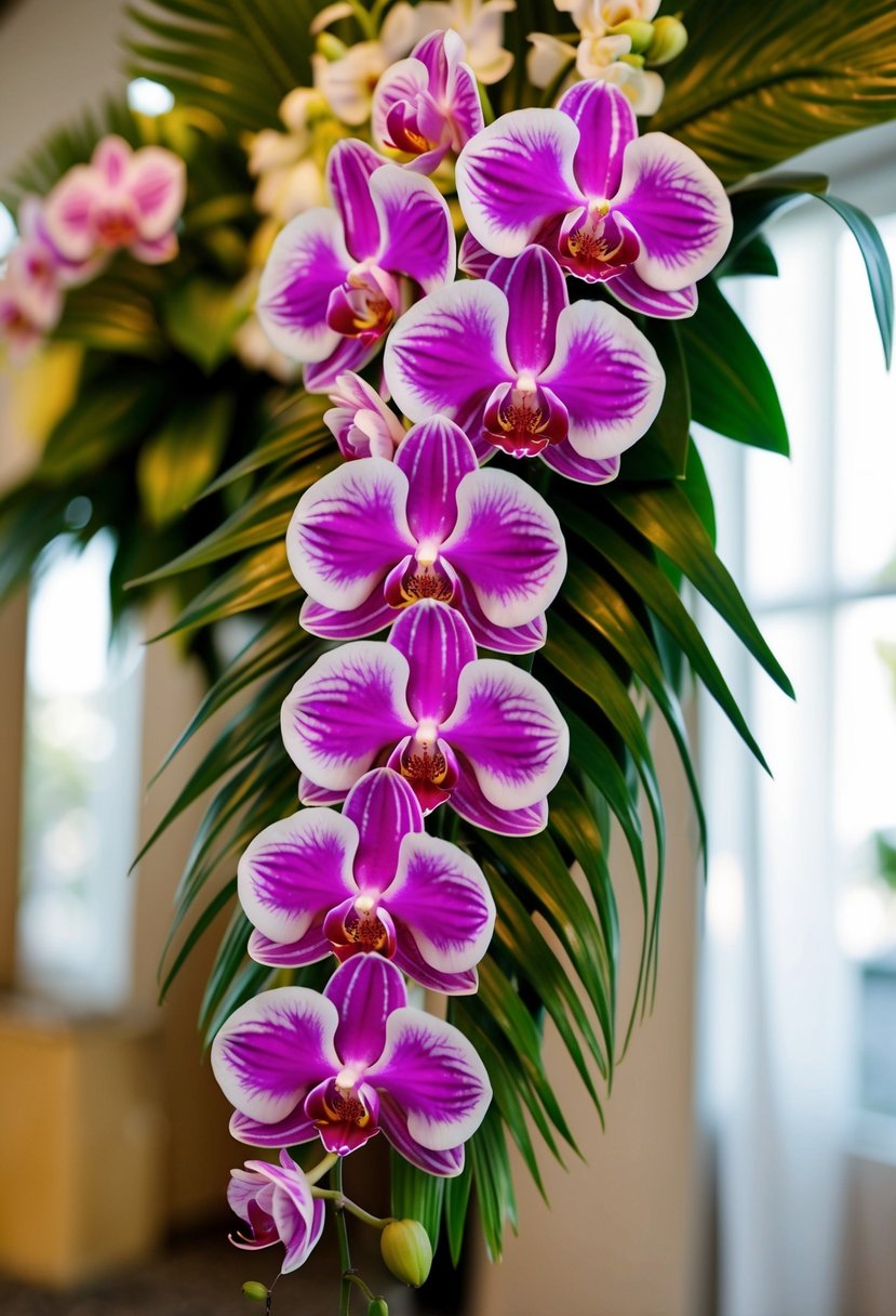 A vibrant bouquet of classic Hawaiian orchids, arranged in a cascading style with lush green foliage