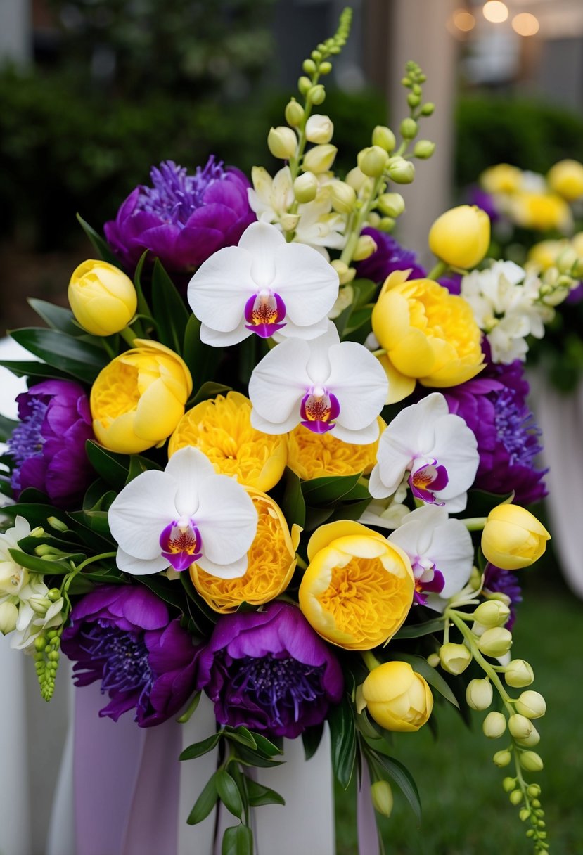 A lush bouquet of Vanda orchids and yellow peonies, accented with purple blooms, arranged in a cascading style