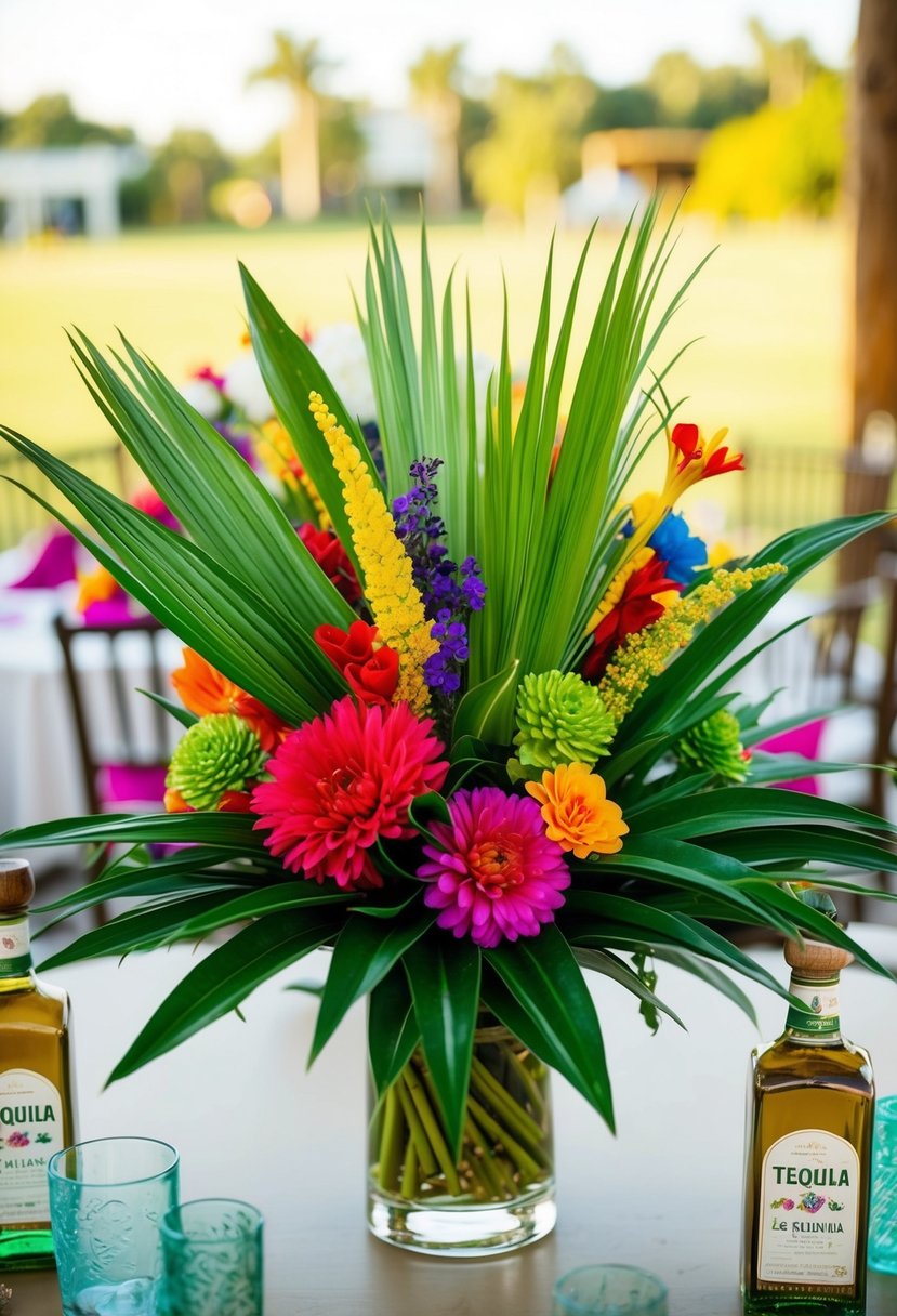 A vibrant bouquet of tequila plant leaves, accented with colorful Mexican flowers, creates a unique and festive wedding centerpiece