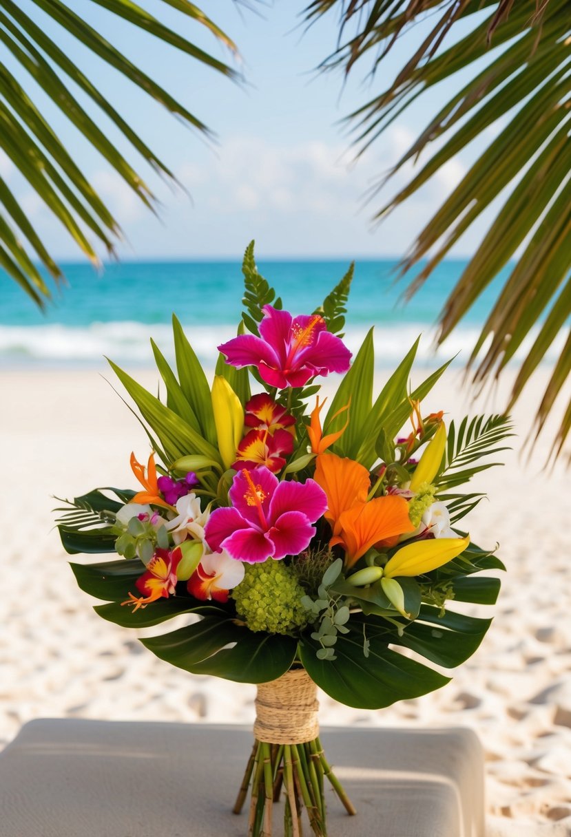 A colorful boho tropical bouquet with hibiscus, orchids, and greenery, set against a backdrop of palm fronds and a sandy beach