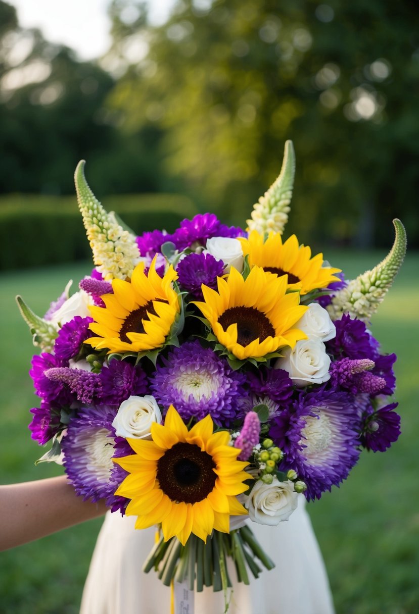 A vibrant wedding bouquet with purple Lisianthus and yellow Sunflowers