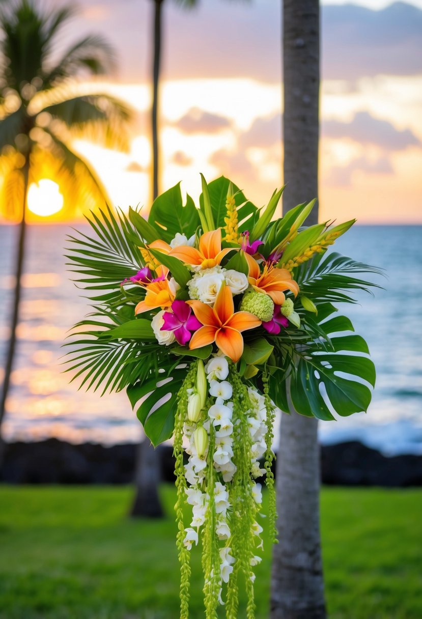 A lush, cascading wedding bouquet of tropical flowers against a backdrop of palm trees and a vibrant Hawaiian sunset