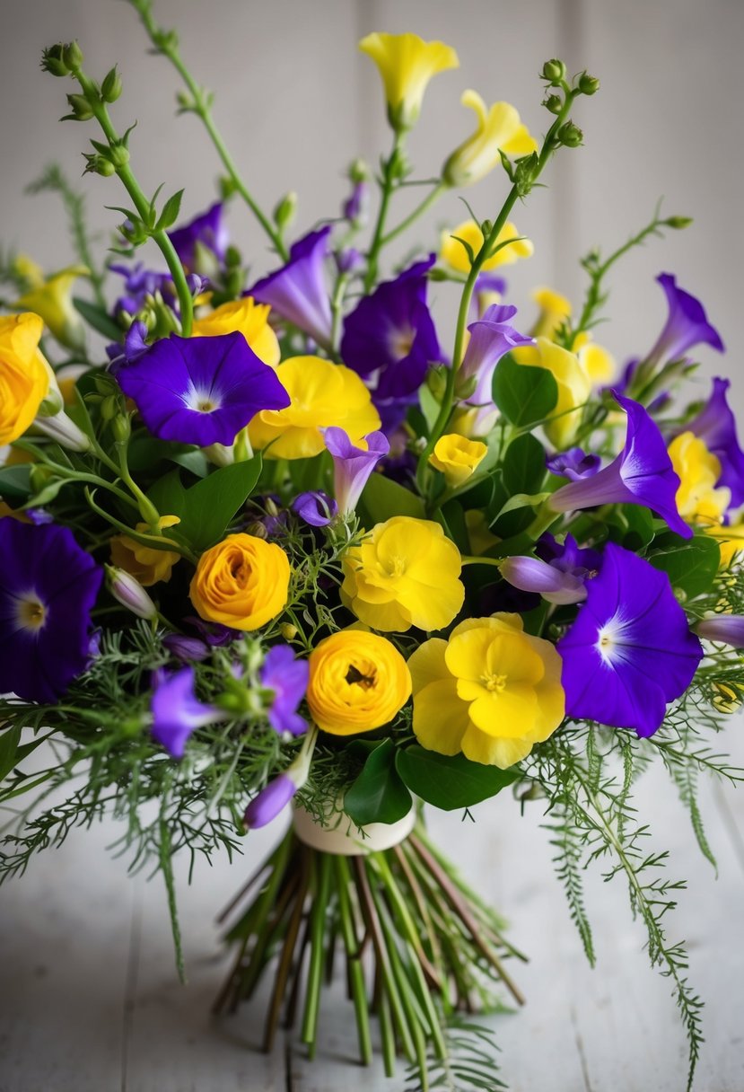 A vibrant bouquet of yellow primroses and purple morning glories, intertwined with delicate greenery, arranged in a flowing and elegant style