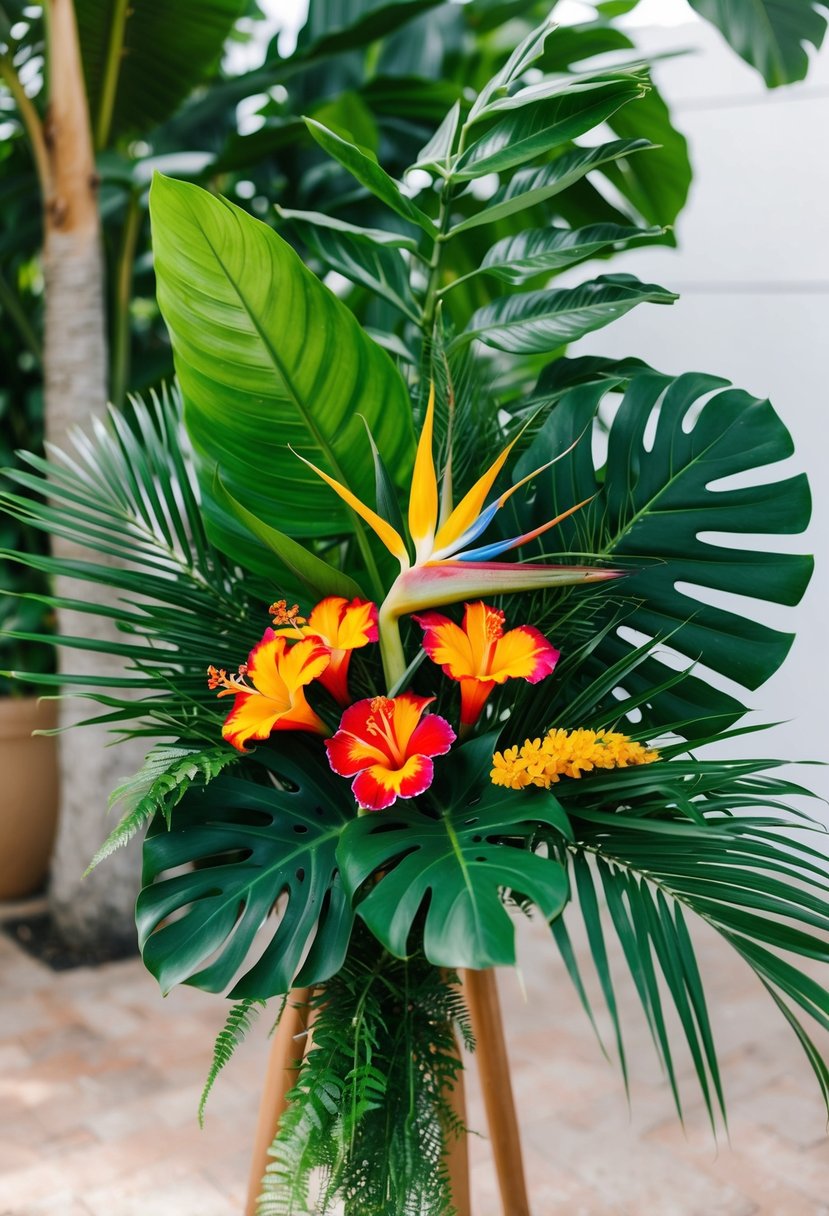 A vibrant bouquet of lush tropical foliage, including palm leaves, monstera, and bird of paradise, arranged in a cascading style with pops of colorful hibiscus flowers