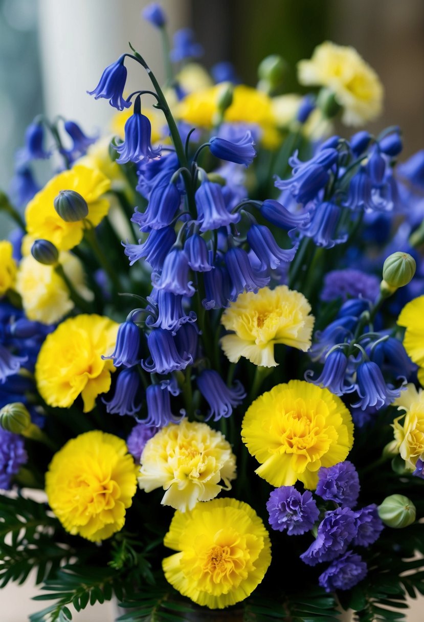 A lush bouquet of bluebells and yellow carnations, with hints of purple, nestled in a delicate arrangement