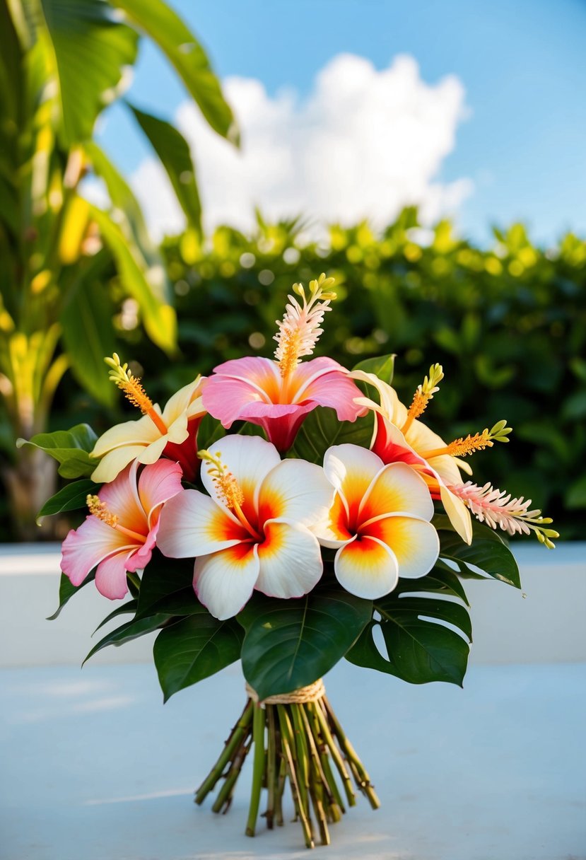 A pastel bouquet of tropical flowers, including hibiscus and plumeria, set against a backdrop of lush green foliage and a clear blue sky