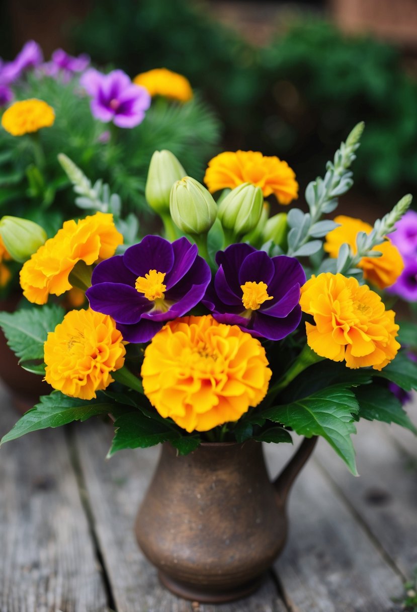 A vibrant bouquet of yellow marigolds and purple hellebores arranged in a rustic vase