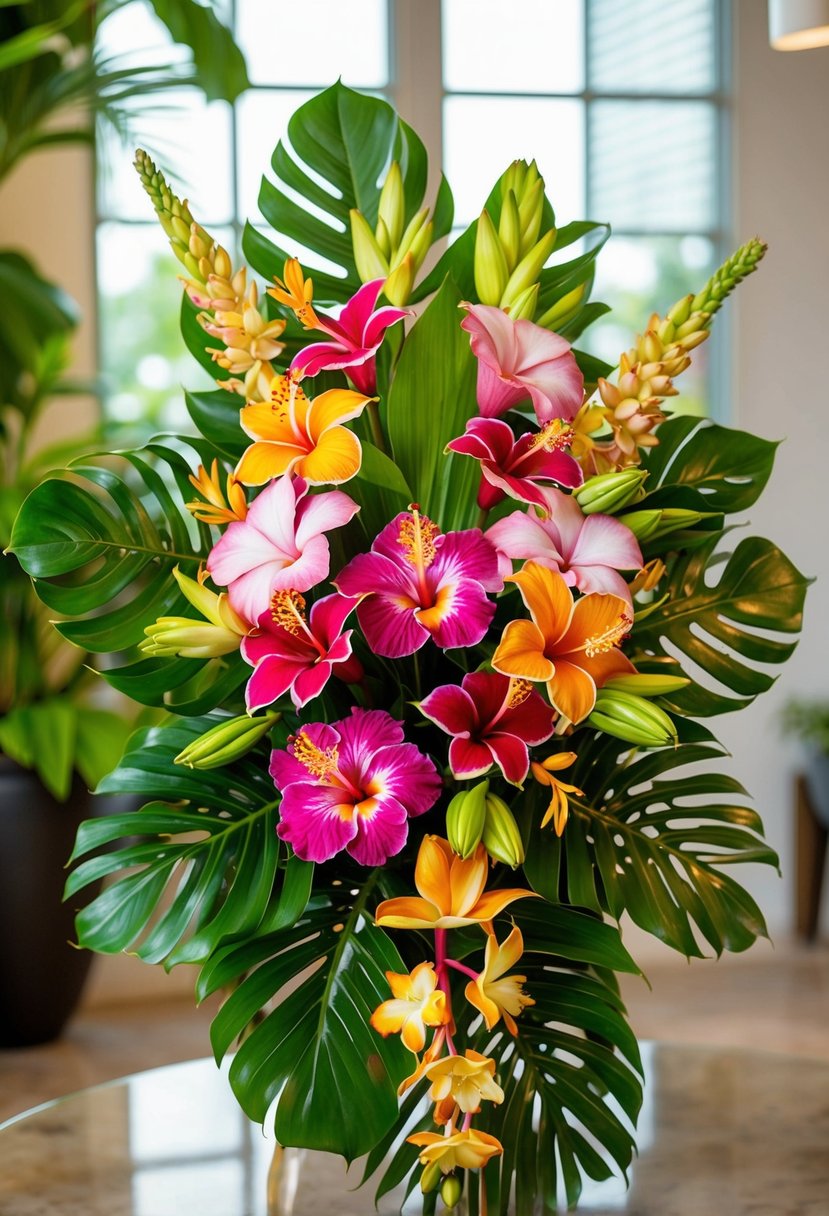 A lush bouquet of vibrant tropical flowers, including hibiscus, orchids, and plumeria, arranged in a cascading style with lush green foliage