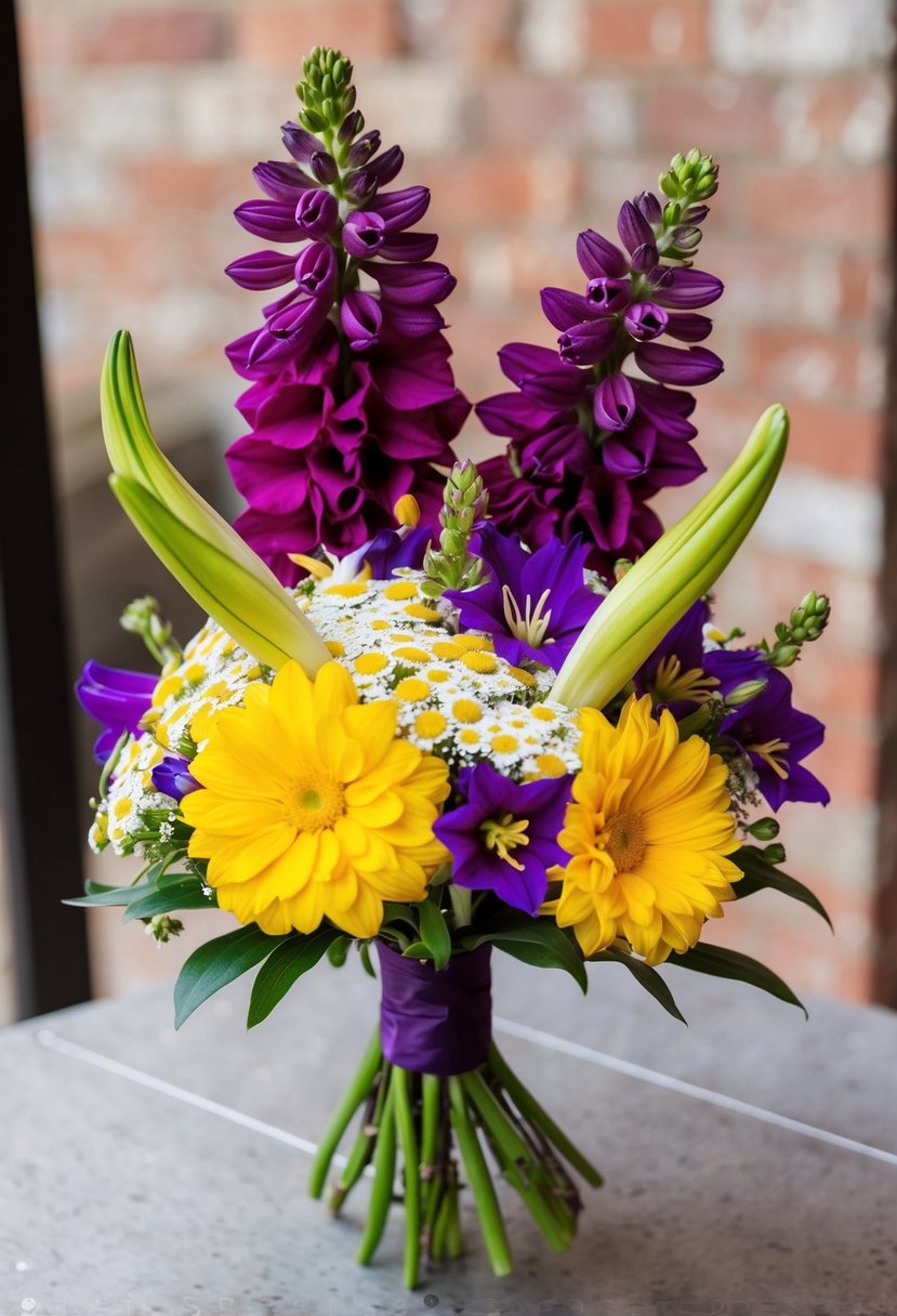 A vibrant wedding bouquet featuring yellow chamomile and purple gladiolus