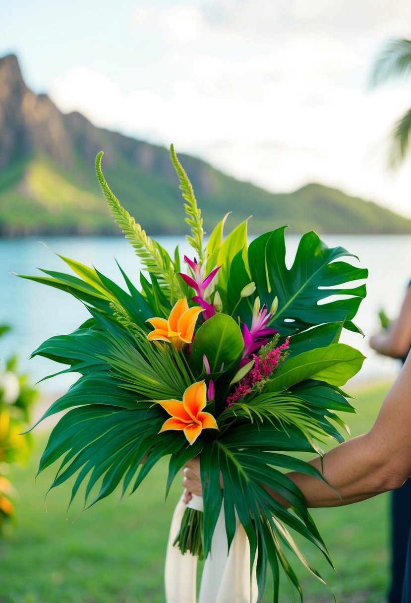 A lush bouquet of tropical leaves and greenery, accented with vibrant flowers, evokes the natural beauty of a Hawaiian wedding