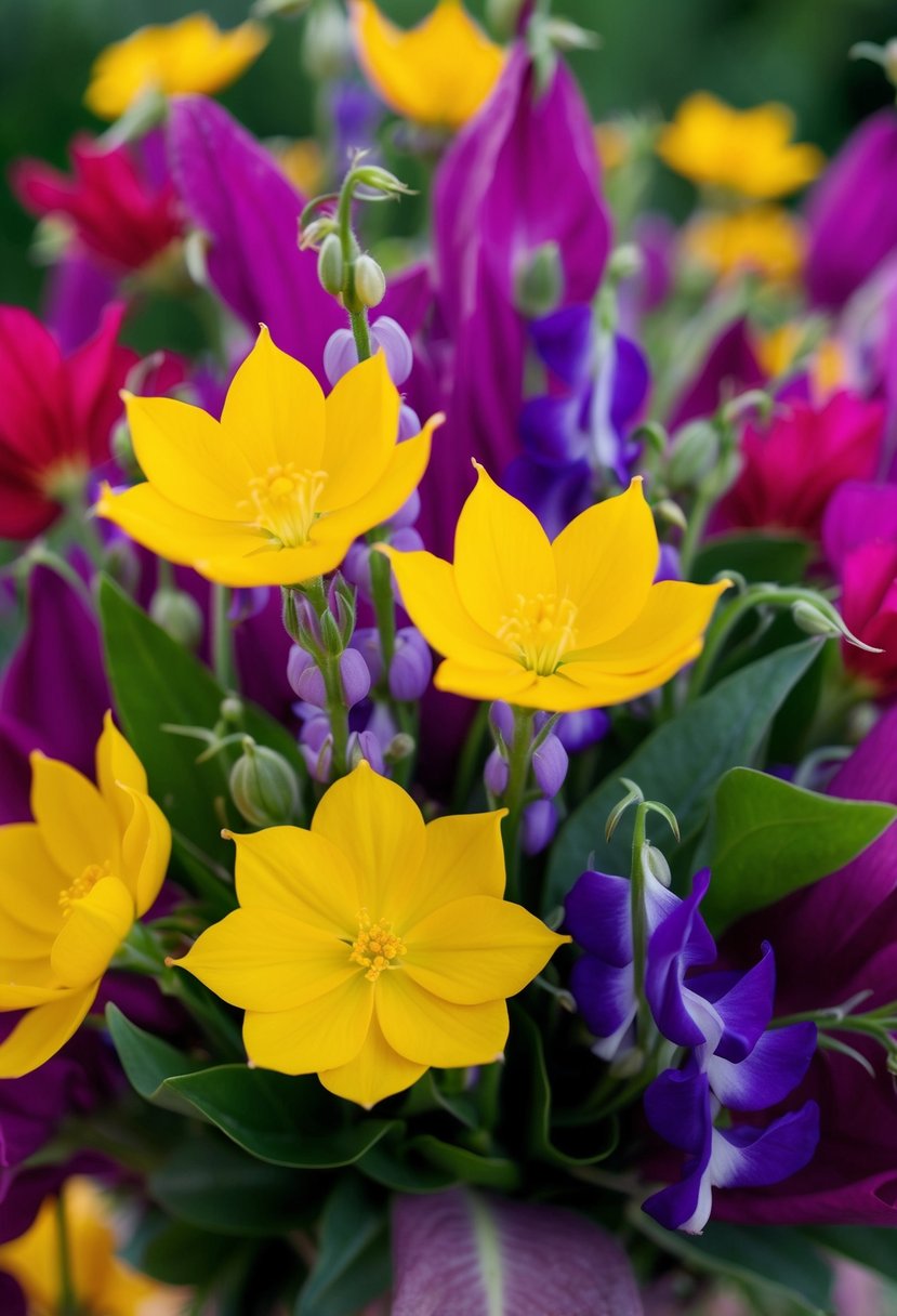 A vibrant bouquet featuring yellow crocosmia and purple sweet pea flowers