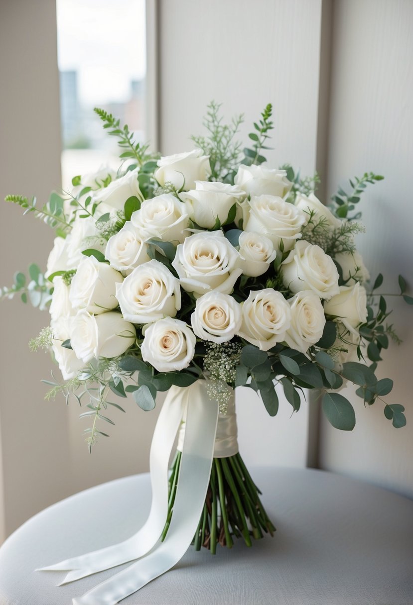 A pristine white wedding bouquet of roses, arranged in a cascading style with delicate greenery and ribbon accents