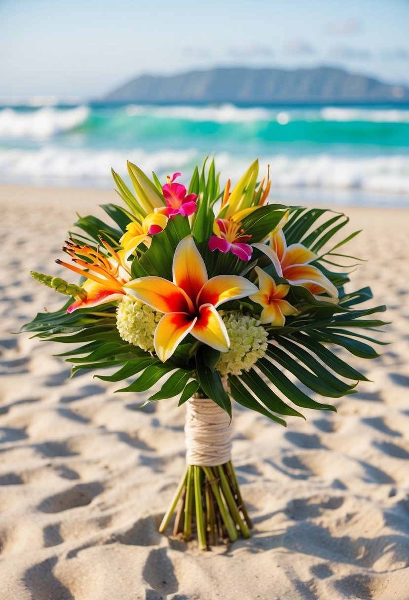 A Hawaiian Haku Lei bouquet with vibrant tropical flowers and lush greenery, set against a backdrop of sandy beaches and crystal-clear ocean waves