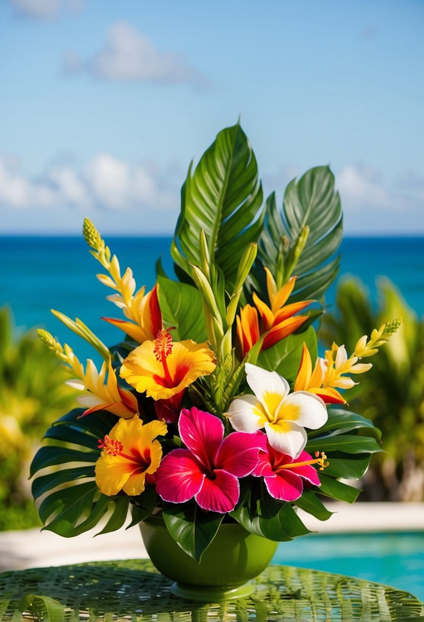 A vibrant bouquet of tropical flowers, including hibiscus, orchids, and plumeria, arranged in a lush, green setting with a backdrop of the ocean and a clear blue sky