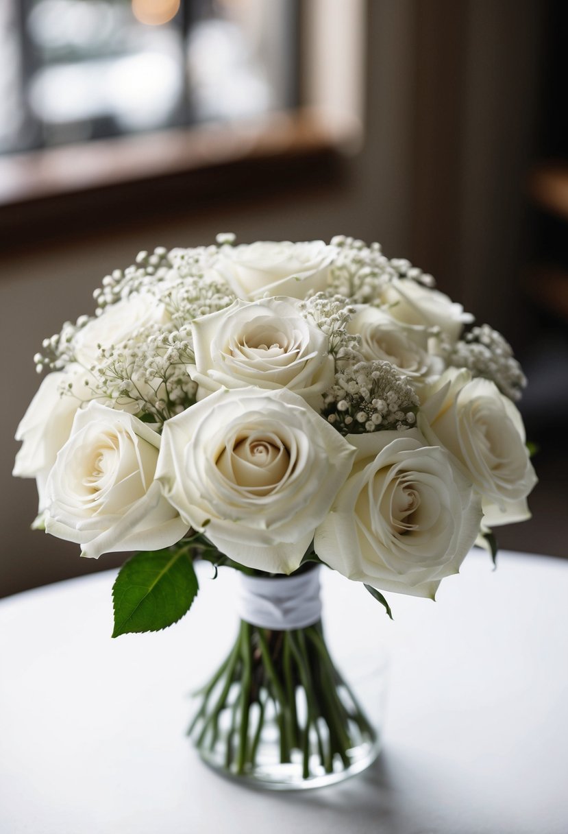 A classic white rose bouquet with baby's breath