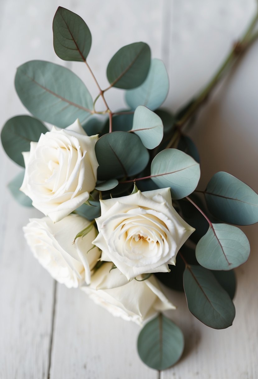 A delicate bouquet of white roses and eucalyptus leaves