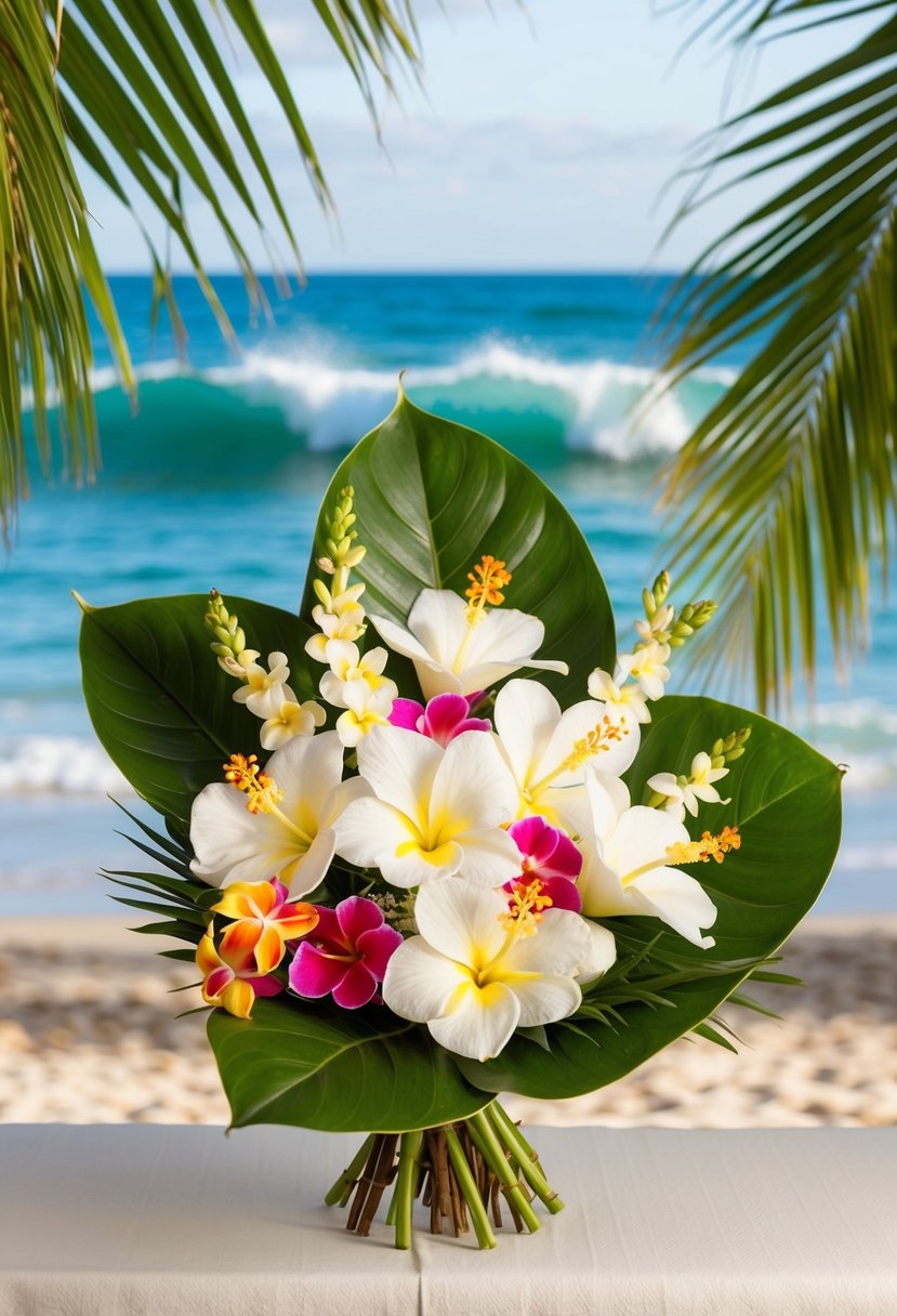 A classic Hawaiian white bouquet with plumeria, orchids, and hibiscus, set against a backdrop of palm fronds and ocean waves