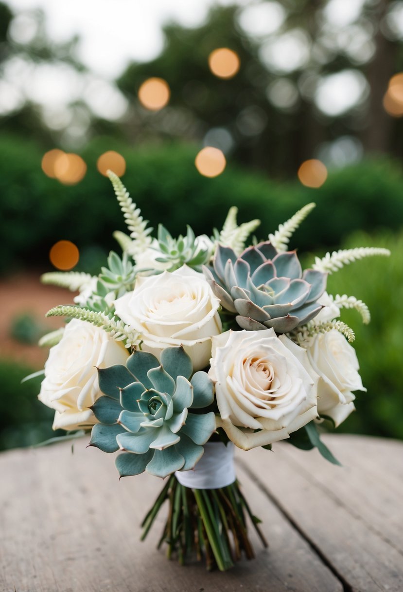 A white wedding bouquet featuring ivory roses and succulents