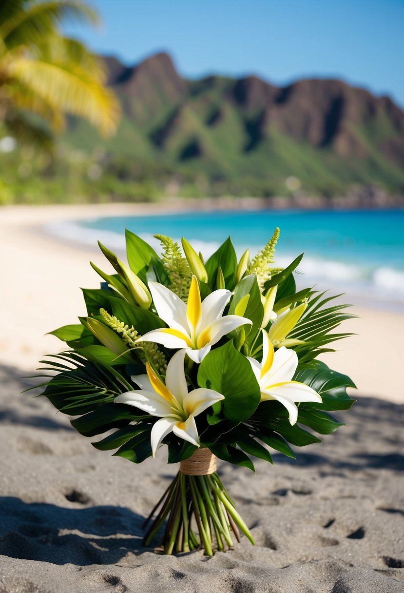 A lush bouquet of green and white tropical flowers, accented with vibrant foliage, set against a backdrop of a sunny Hawaiian beach