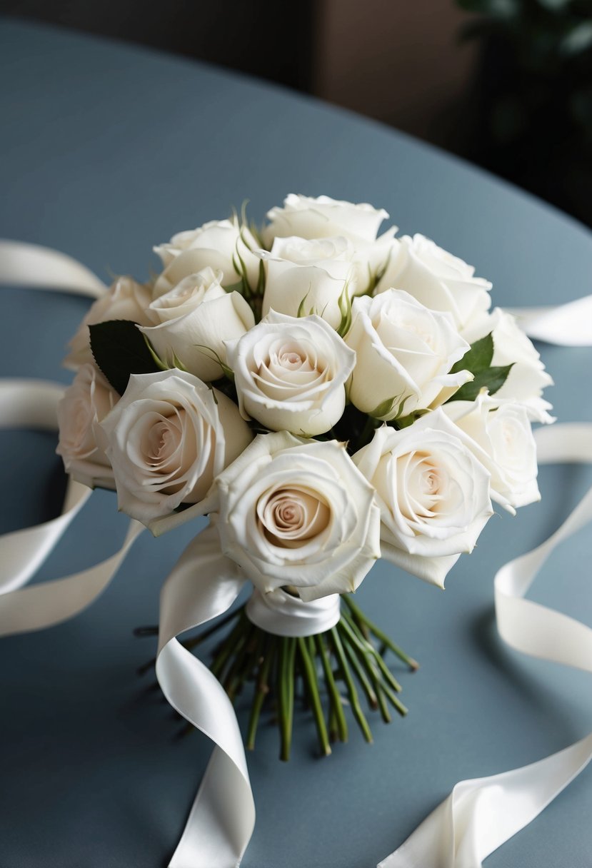 A white rose bouquet with flowing silk ribbons