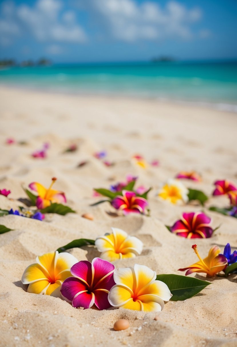 A sandy beach with colorful tropical flowers strewn about, a gentle ocean breeze carrying the scent of plumeria and hibiscus