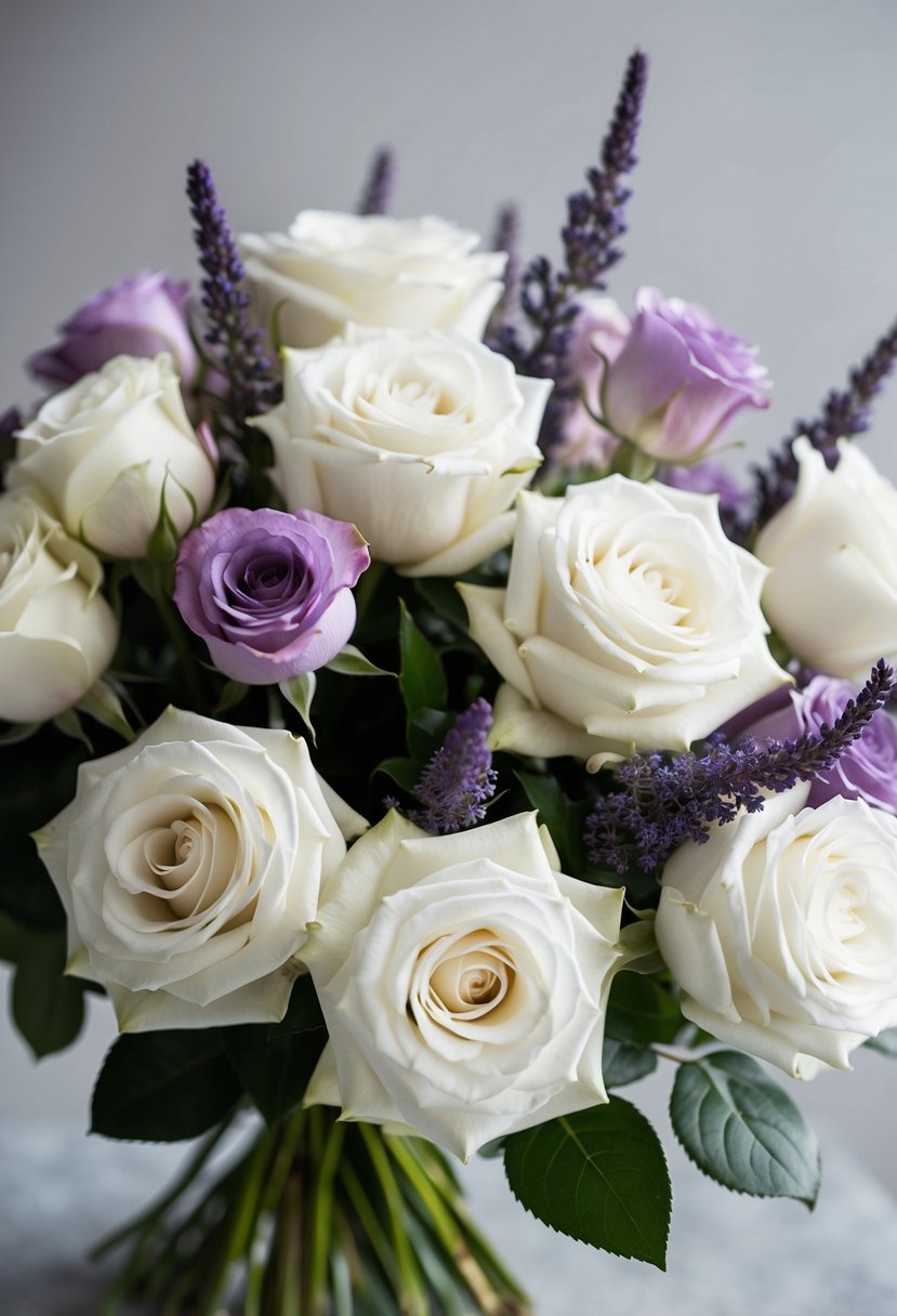 A delicate bouquet of white tea roses mixed with a dash of lavender roses, arranged in a graceful and elegant manner