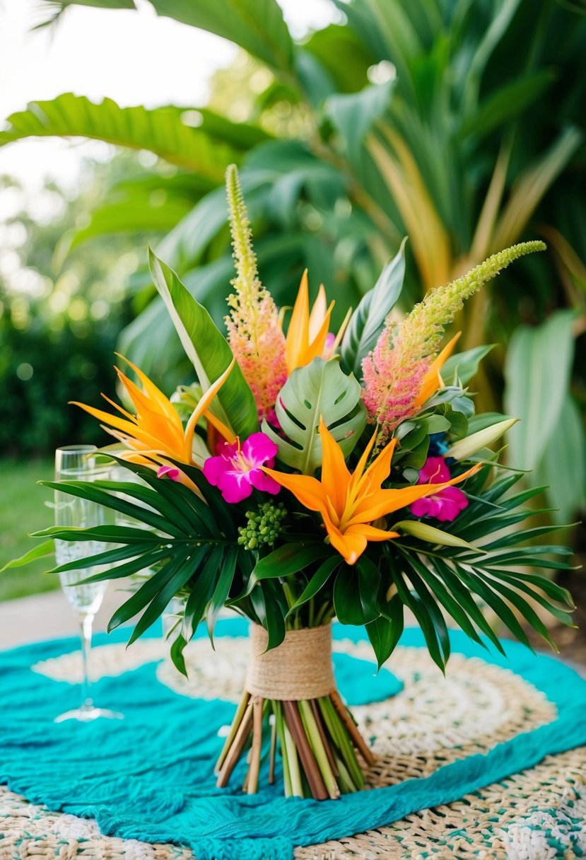 A vibrant boho bouquet featuring tropical flowers and foliage, with a laid-back and free-spirited vibe