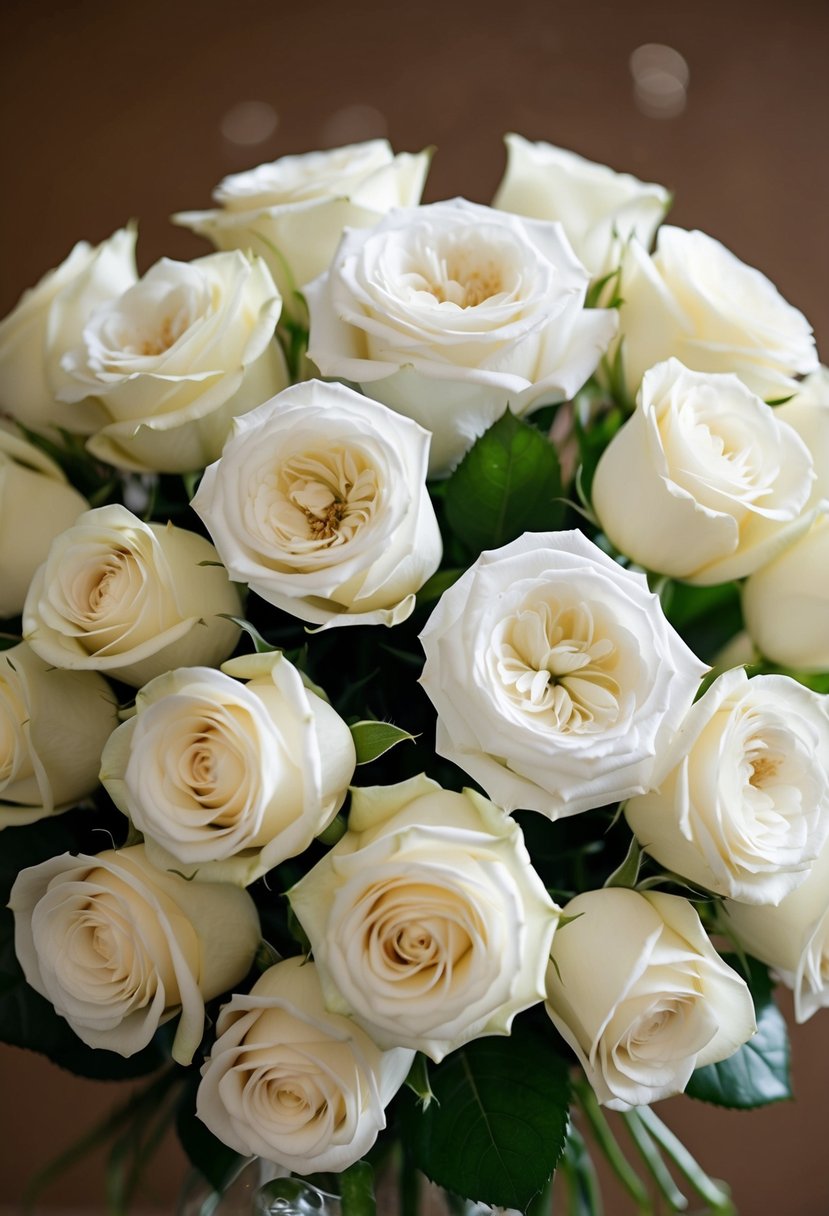 A bouquet of white and cream roses arranged in a delicate and elegant manner