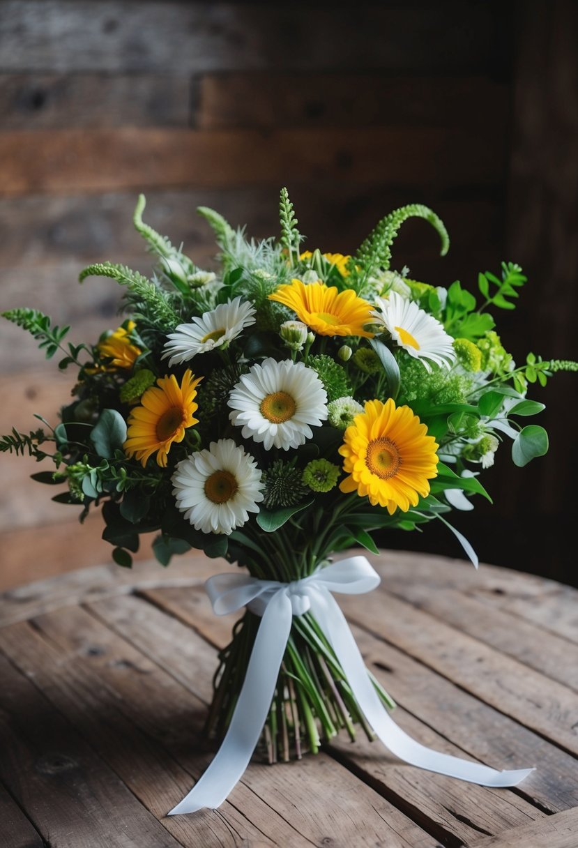 A vibrant bouquet of daisies and greenery, tied with a ribbon, sits on a rustic wooden table