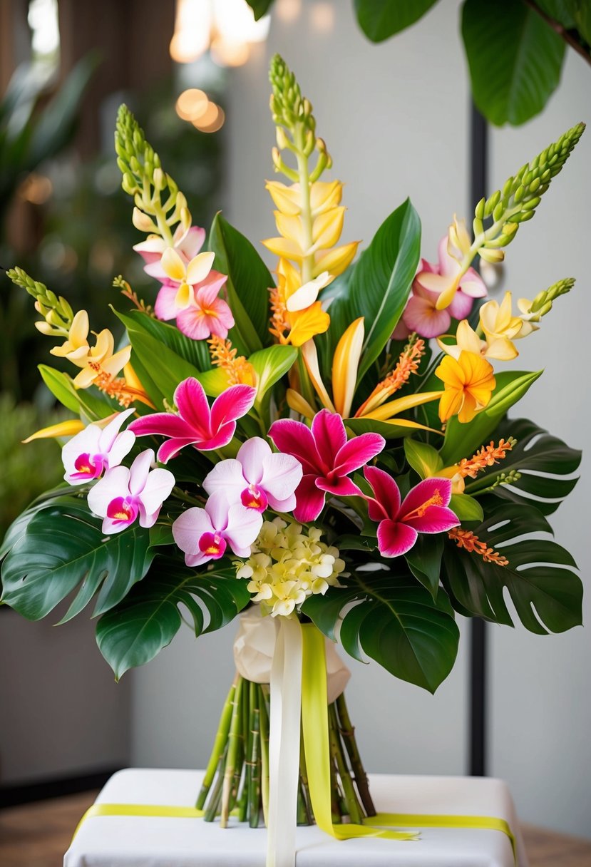 A lush bouquet of tropical flowers, including orchids, hibiscus, and plumeria, arranged in a cascading style with greenery and ribbon accents