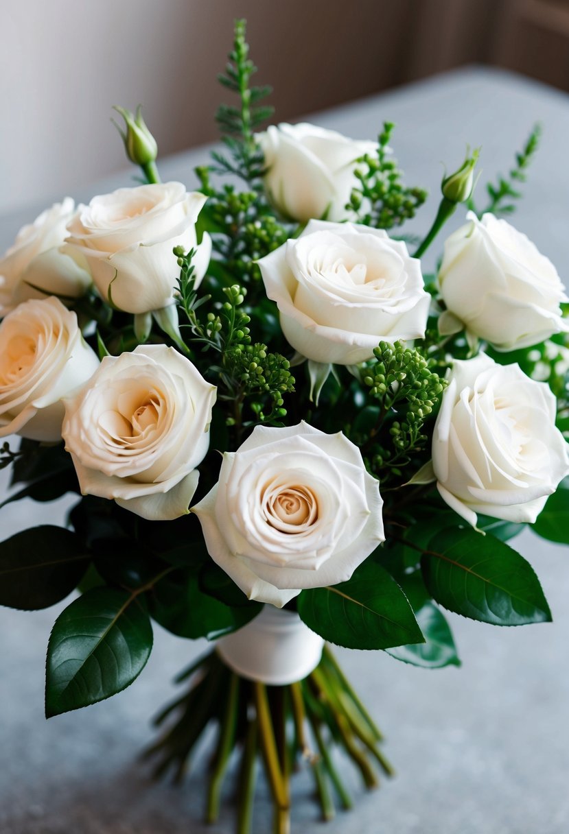 An elegant bouquet of organic white roses with lush greenery stems