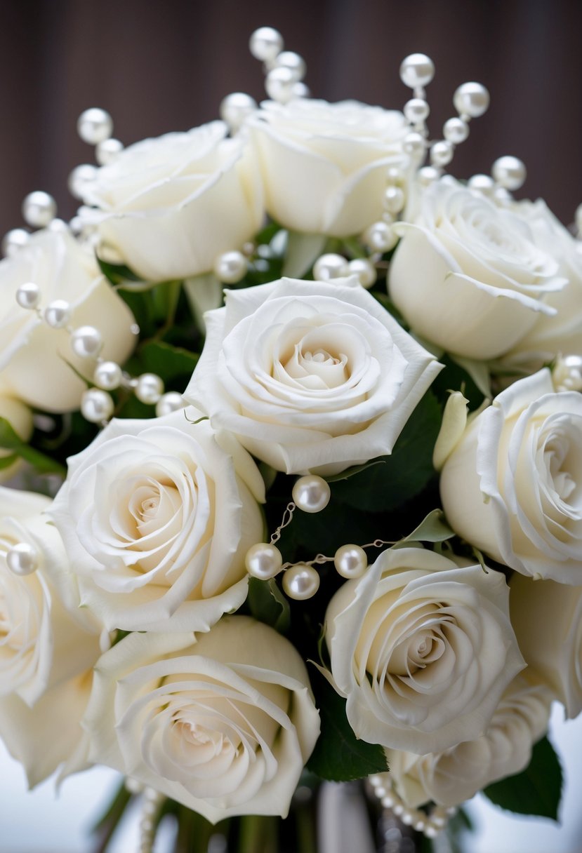 A delicate bouquet of white roses adorned with shimmering pearl accents