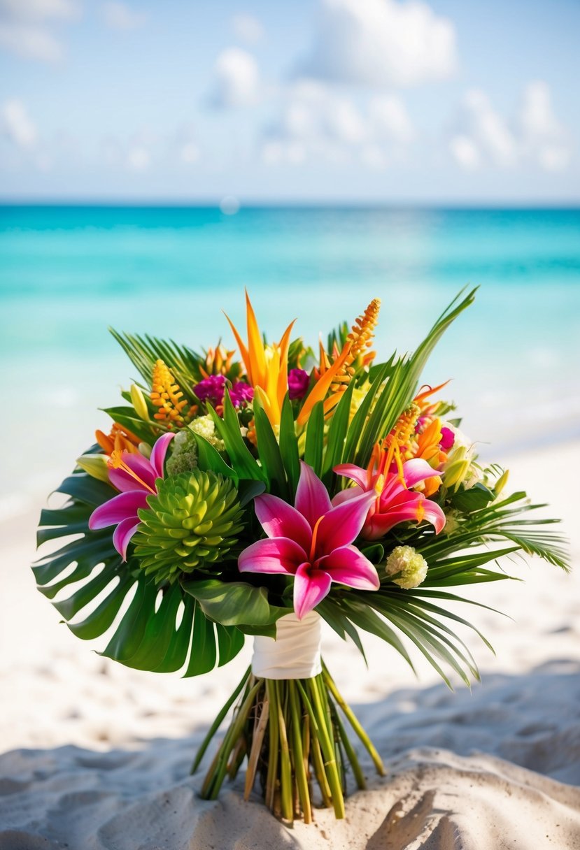 A vibrant bridal bouquet with tropical flowers and lush greenery, set against a backdrop of a sandy beach and crystal-clear ocean