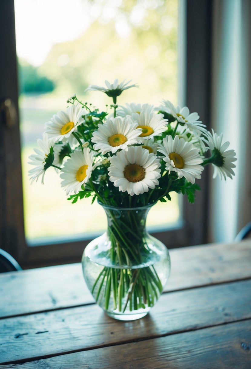 A classic white daisy bouquet sits in a glass vase on a rustic wooden table, surrounded by soft natural light streaming through a nearby window