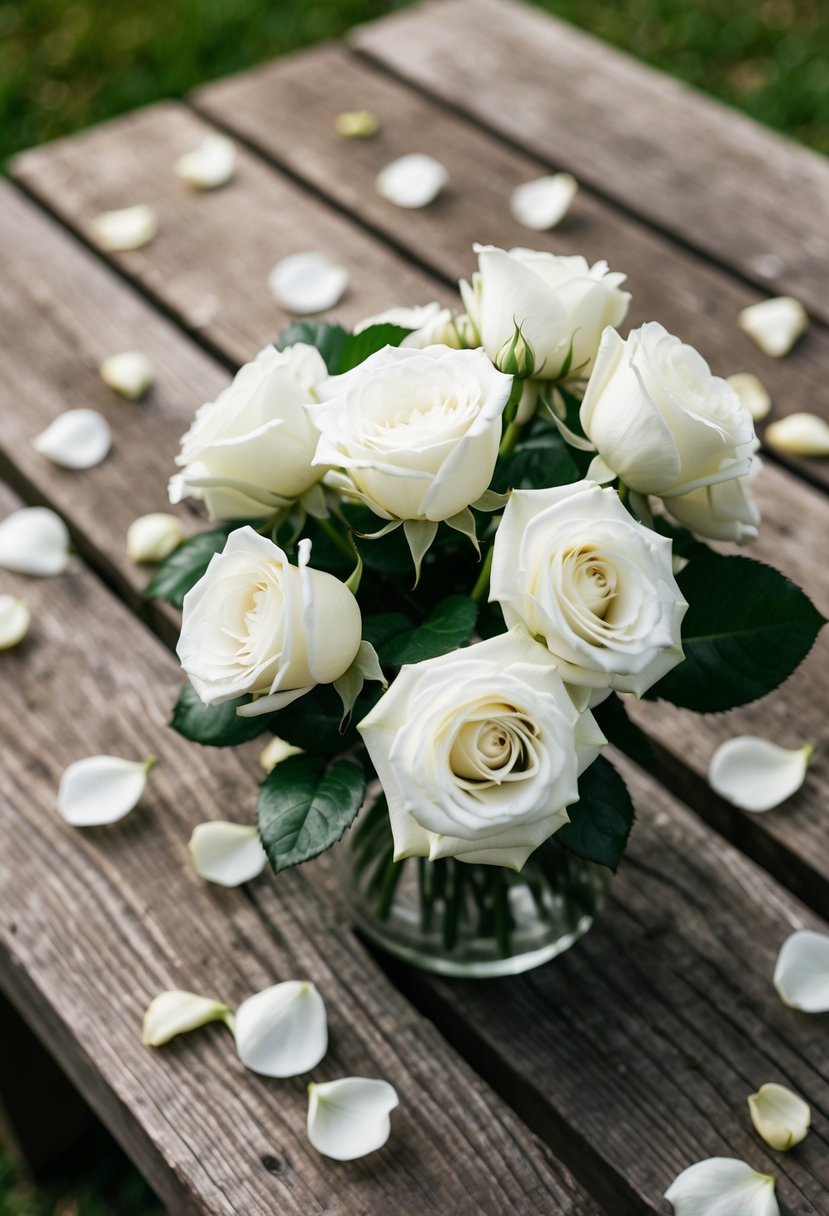 A garden-style white rose bouquet sits on a rustic wooden table, surrounded by scattered rose petals and soft natural light