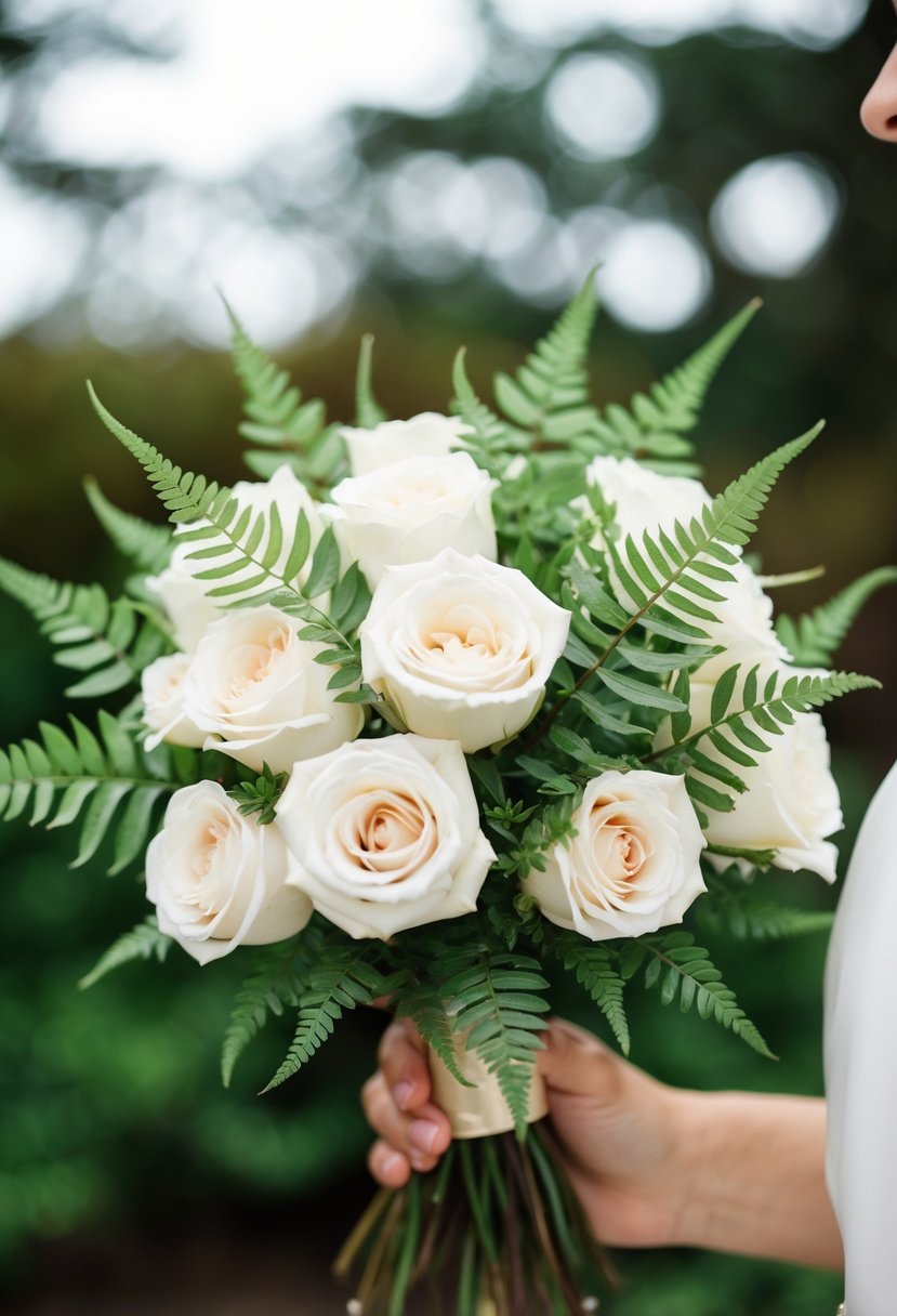 A delicate bouquet of soft white roses and ferns