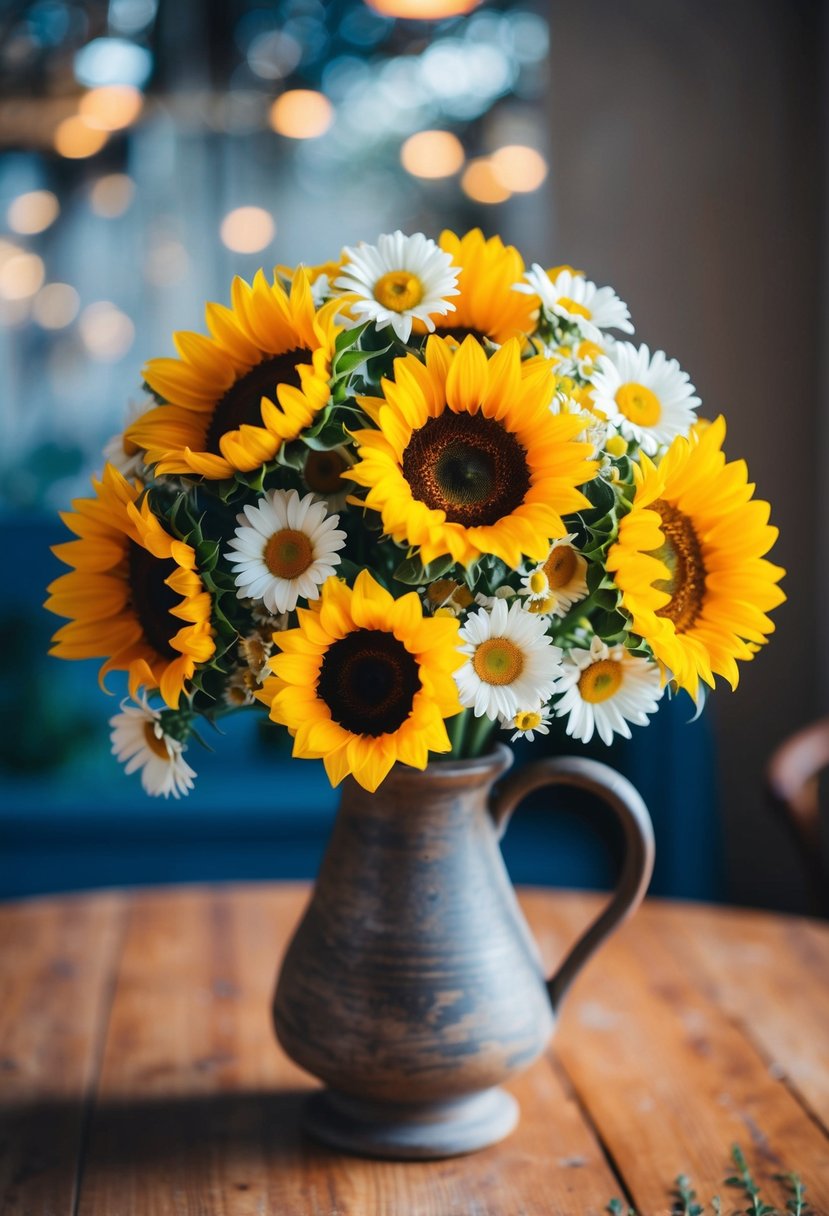 A vibrant bouquet of sunflowers and daisies in a rustic vase on a wooden table