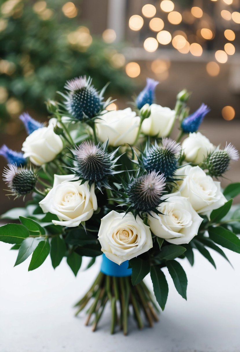 A bouquet of white roses and blue thistle arranged in a delicate mix