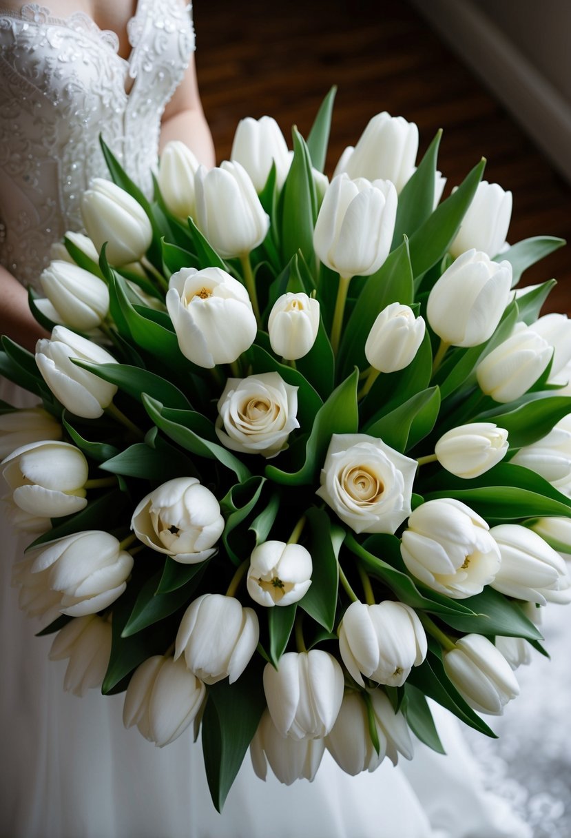 A round bouquet of white tulips and roses, arranged in a delicate and elegant wedding bouquet design