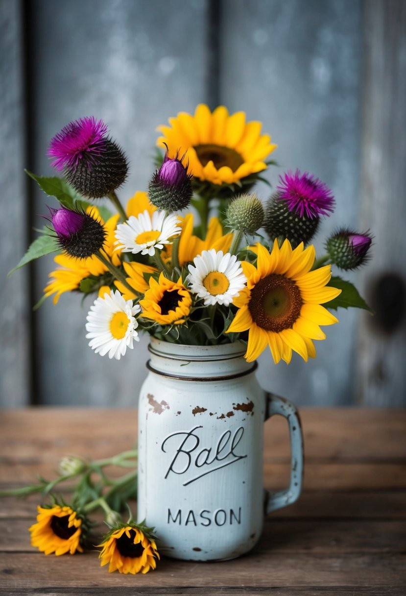 A rustic wildflower arrangement with daisies, thistles, and sunflowers in a vintage mason jar vase