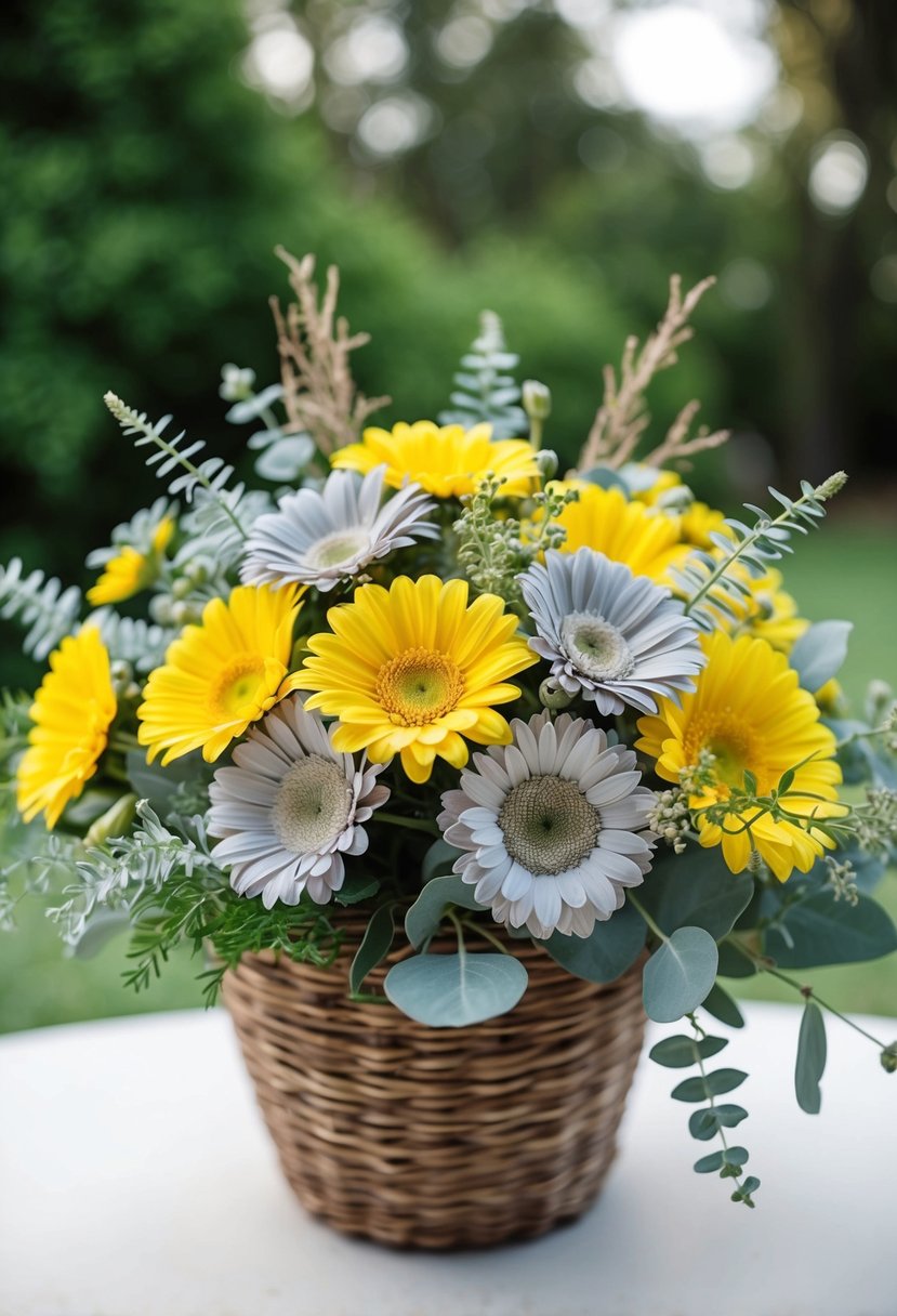 A vibrant yellow and soft grey daisy bouquet, with delicate greenery, arranged in a rustic, woven basket