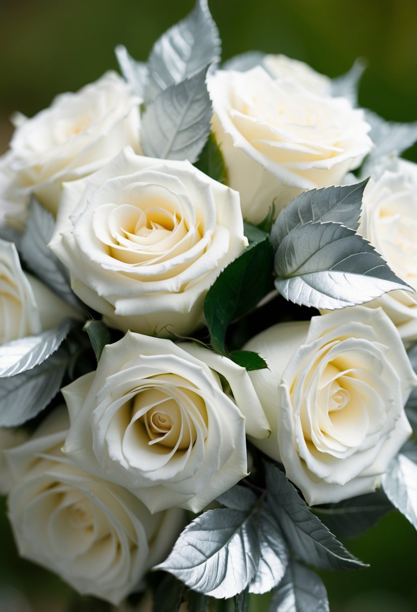 White roses and silver leaves intertwined in a delicate wedding bouquet