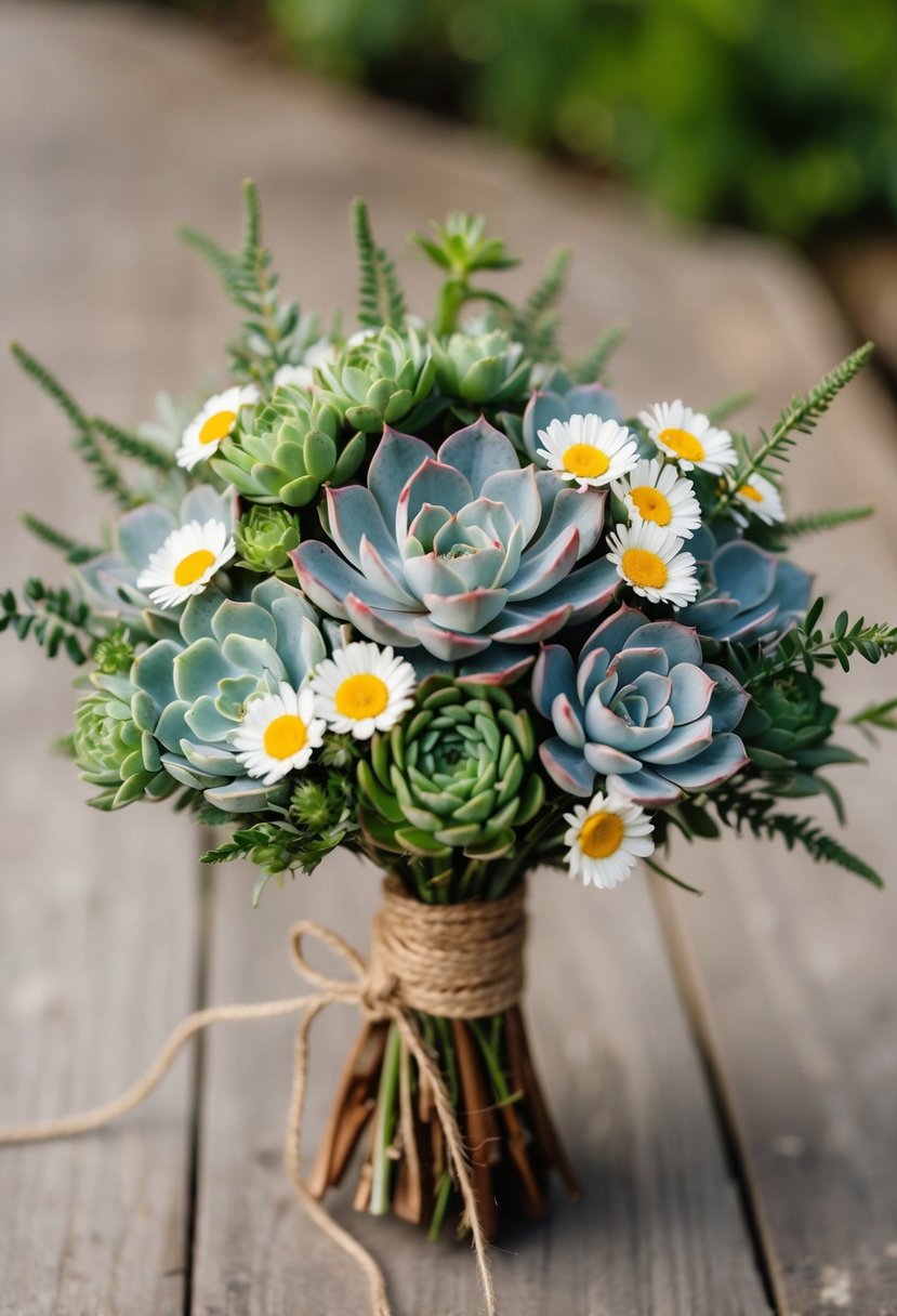 A rustic wedding bouquet featuring succulents and daisies, tied with twine