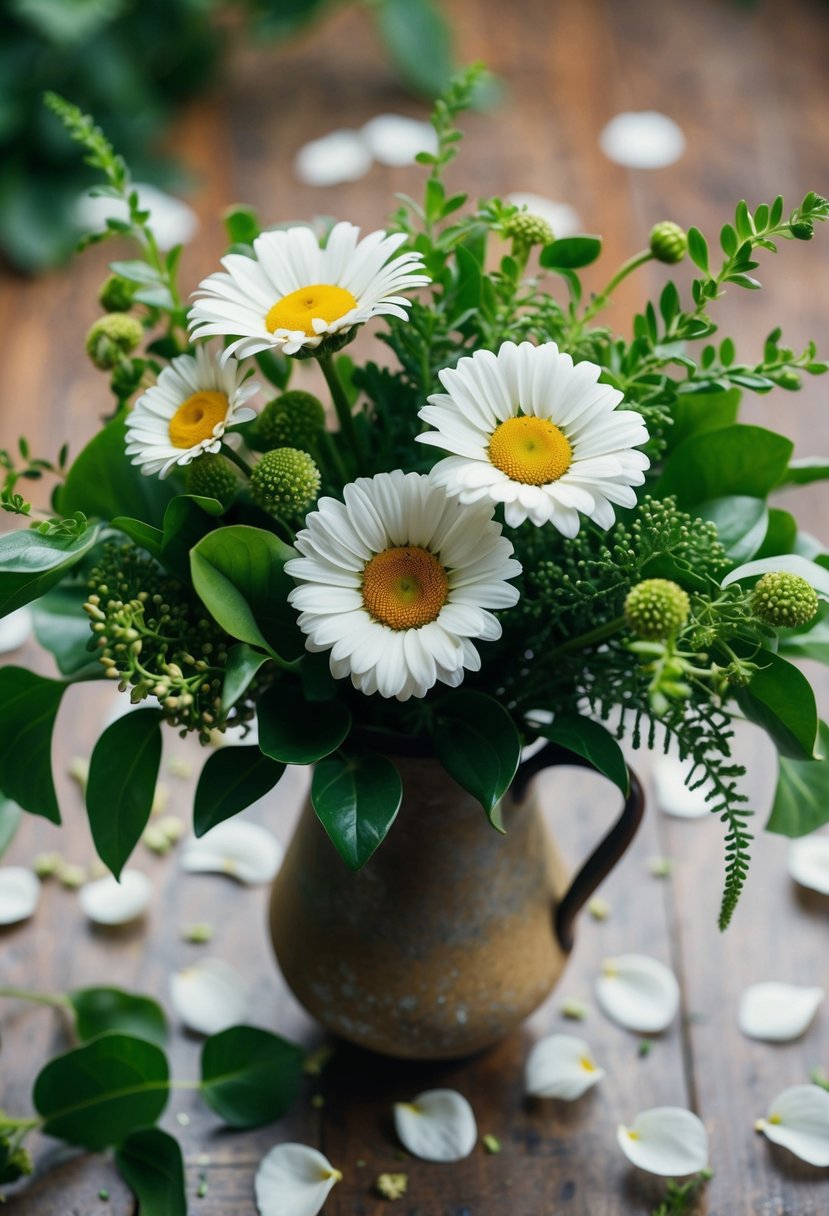 A garden-inspired daisy bouquet arranged in a rustic vase, surrounded by scattered petals and lush green foliage