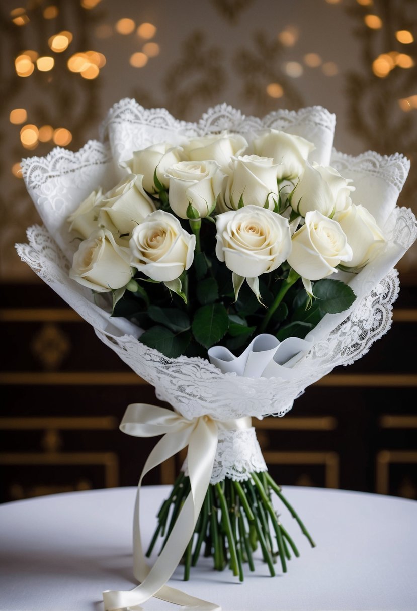 A delicate white rose bouquet wrapped in lace, set against a traditional backdrop